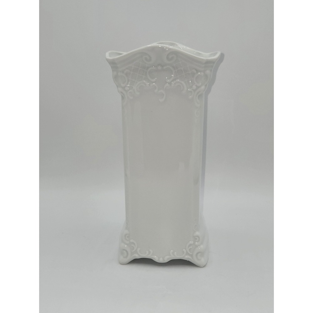 Vintage Brazilian White Porcelain Rectangular Vase Embossed Scrollwork 7.75"